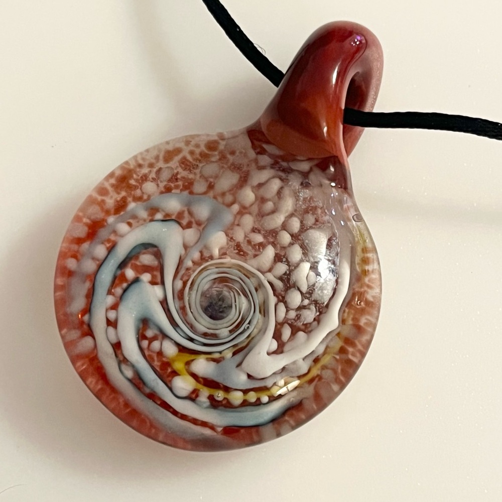 Handblown Artisan Brown Blue White Yellow Glitter Art Lampwork Glass Necklace